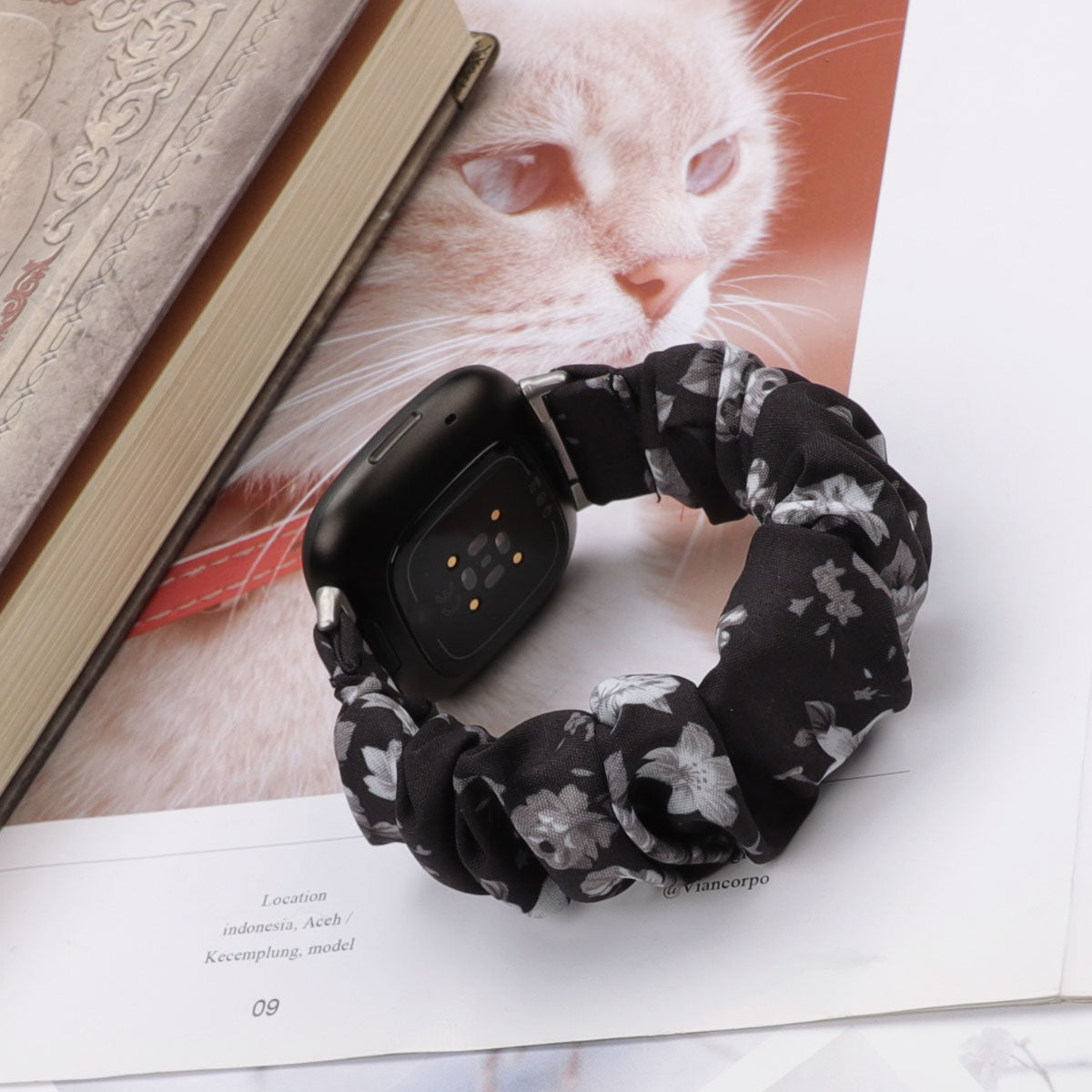 For Fitbit Versa 4 Sense 2 Elastic Scrunchie Watch Band Fabric Pattern Printed Hair Band Strap Bracelet