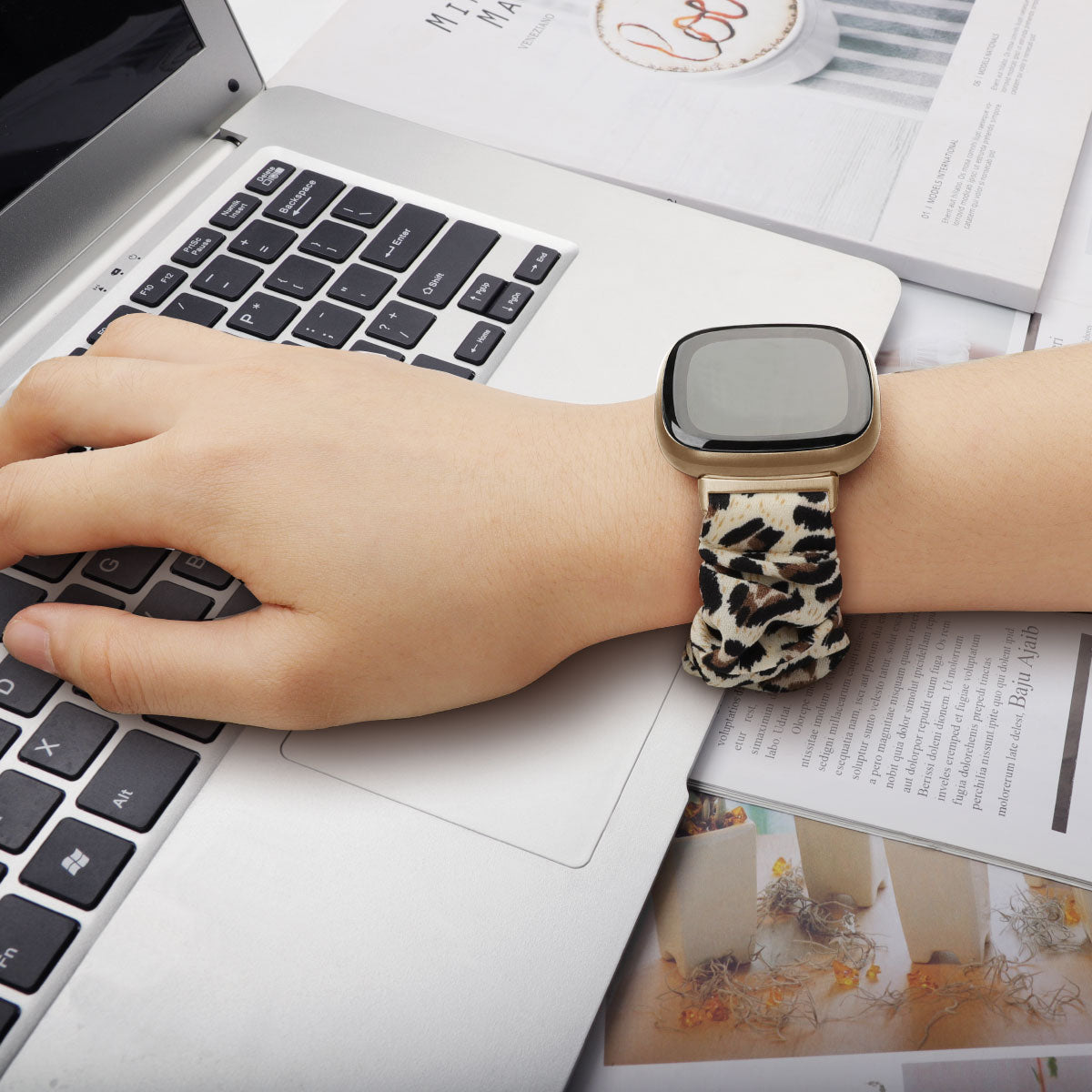 For Fitbit Versa 4 Sense 2 Elastic Scrunchie Watch Band Fabric Pattern Printed Hair Band Strap Bracelet
