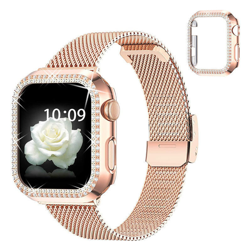 For Apple Watch 4 5 6 SE SE(2022) 40mm Quick Release Watch Strap Metal Milanese Watch Band Replacement Watchband + PC Watch Case with Dual Row Rhinestone Decoration