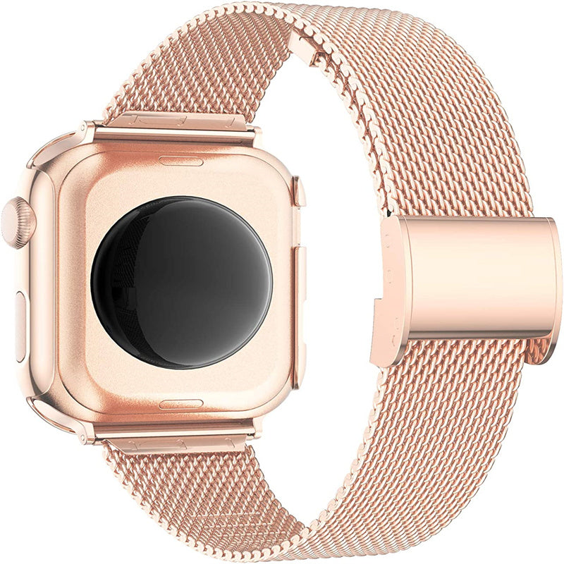 For Apple Watch 4 5 6 SE SE(2022) 40mm Quick Release Watch Strap Metal Milanese Watch Band Replacement Watchband + PC Watch Case with Dual Row Rhinestone Decoration