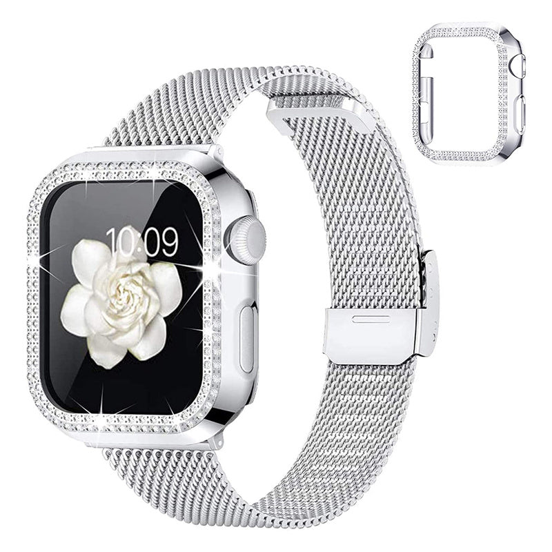 For Apple Watch 4 5 6 SE SE(2022) 40mm Quick Release Watch Strap Metal Milanese Watch Band Replacement Watchband + PC Watch Case with Dual Row Rhinestone Decoration