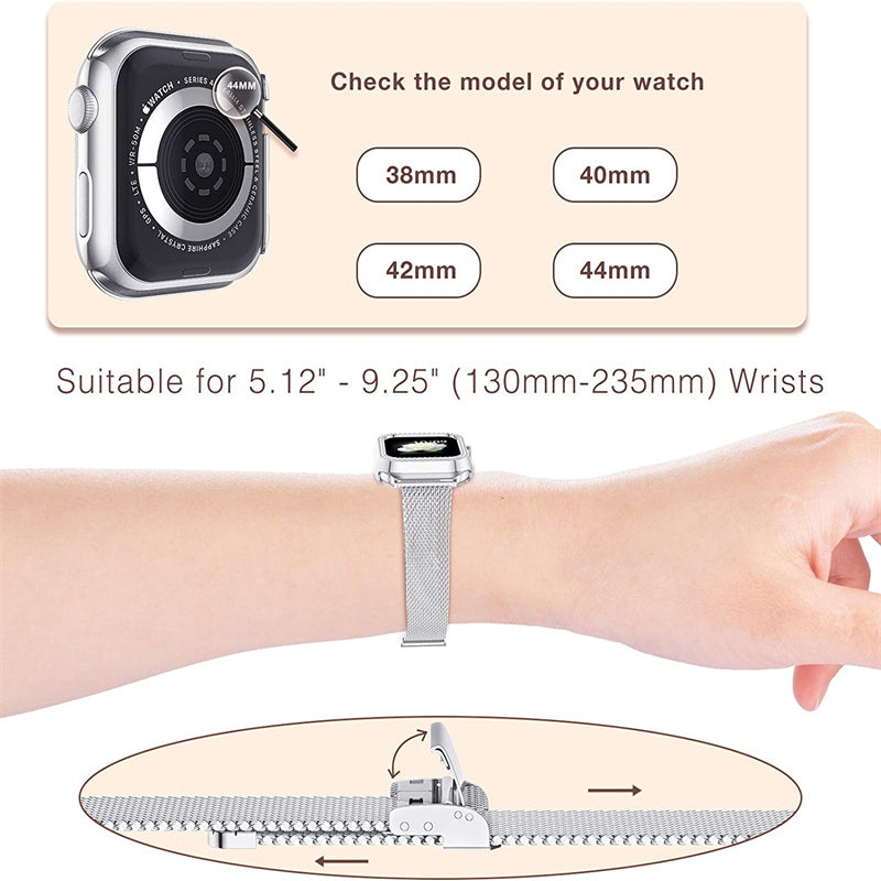 For Apple Watch 4 5 6 SE SE(2022) 40mm Quick Release Watch Strap Metal Milanese Watch Band Replacement Watchband + PC Watch Case with Dual Row Rhinestone Decoration