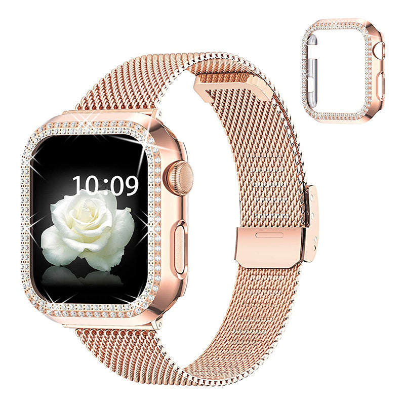 For Apple Watch Series 6 5 4 44mm SE 44mm SE (2022) 44mm Milanese Metal Watch Band T-shape Buckle Wrist Strap with Rhinestone Decor PC Watch Case