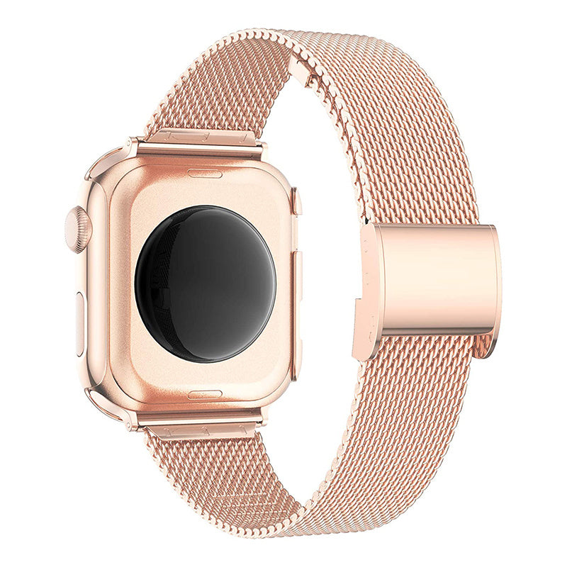 For Apple Watch Series 6 5 4 44mm SE 44mm SE (2022) 44mm Milanese Metal Watch Band T-shape Buckle Wrist Strap with Rhinestone Decor PC Watch Case