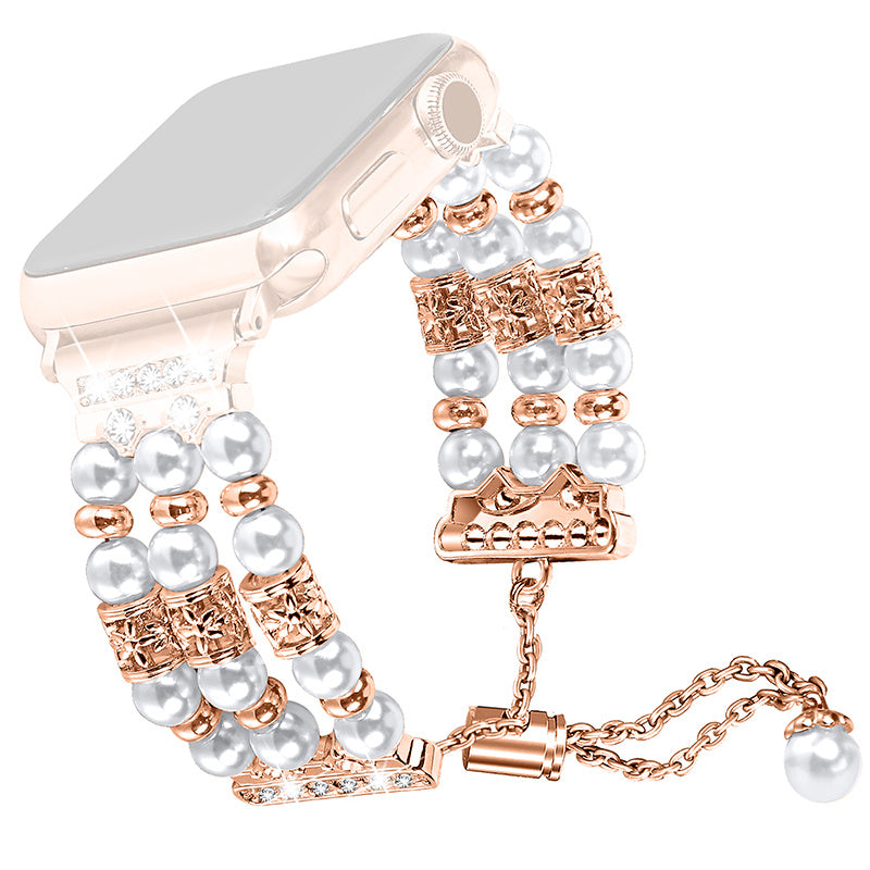 For Fitbit Versa 3 Fitbit Sense Jewelry Stretch Watch Band Adjustable Metal Wristband Pearl Rhinestone Decorated Watch Strap for Women Girls