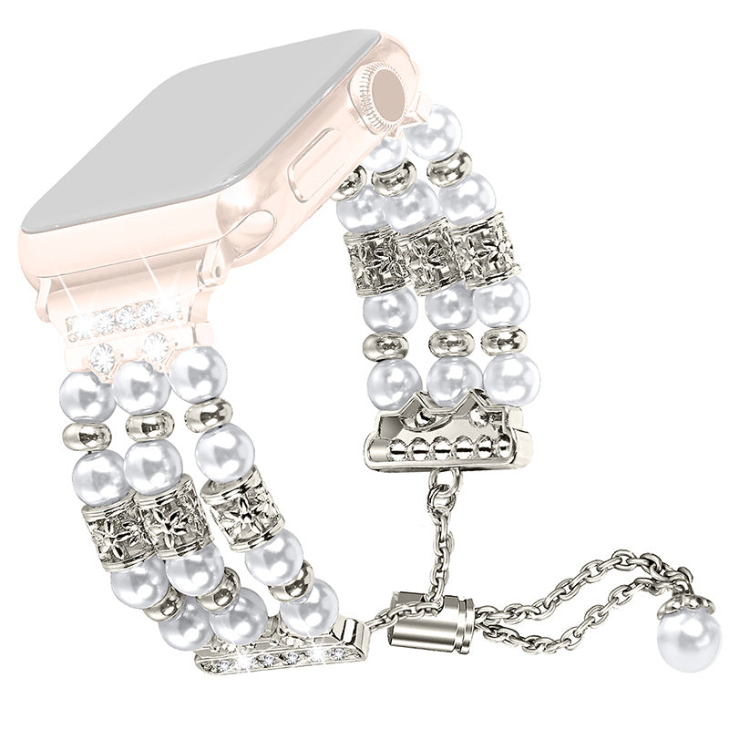 For Fitbit Versa 3 Fitbit Sense Jewelry Stretch Watch Band Adjustable Metal Wristband Pearl Rhinestone Decorated Watch Strap for Women Girls