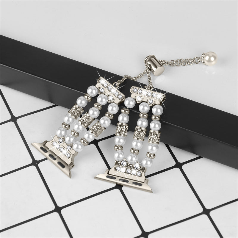 For Fitbit Versa 3 Fitbit Sense Jewelry Stretch Watch Band Adjustable Metal Wristband Pearl Rhinestone Decorated Watch Strap for Women Girls