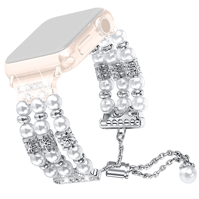 For Fitbit Versa 3 Fitbit Sense Jewelry Stretch Watch Band Adjustable Metal Wristband Pearl Rhinestone Decorated Watch Strap for Women Girls