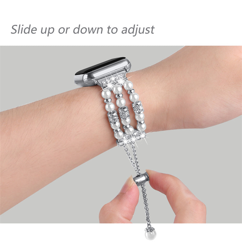 For Fitbit Versa 3 Fitbit Sense Jewelry Stretch Watch Band Adjustable Metal Wristband Pearl Rhinestone Decorated Watch Strap for Women Girls