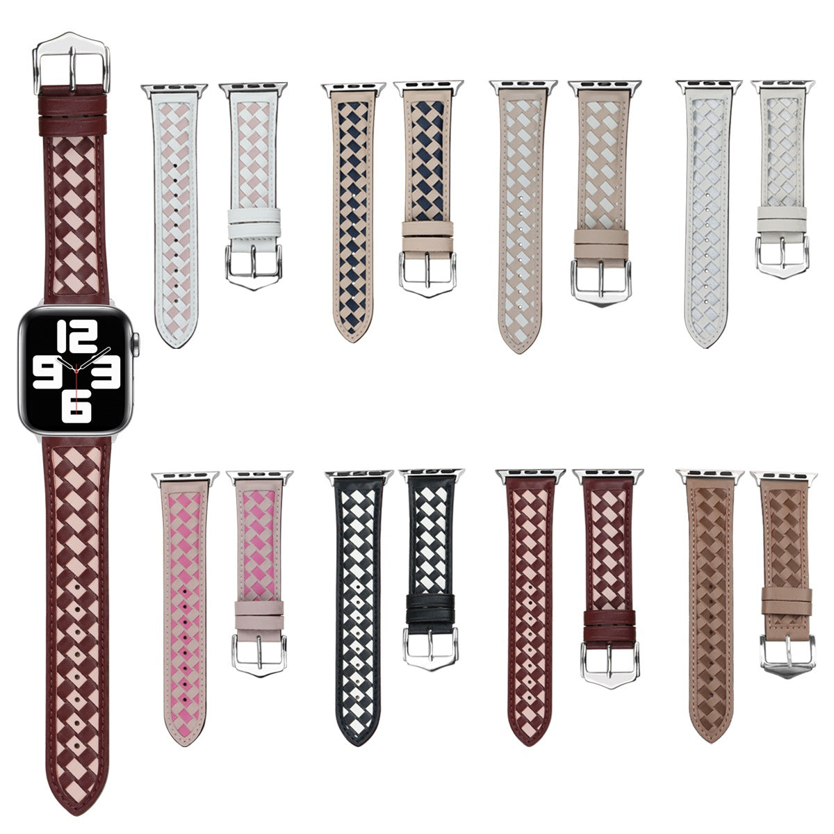 For Apple Watch 9 8 7 41mm 6 5 4 SE SE (2022) SE (2023) 40mm 3 2 1 38mm Watch Strap Woven Genuine Leather Watch Band Quick Release Watchband with Buckle