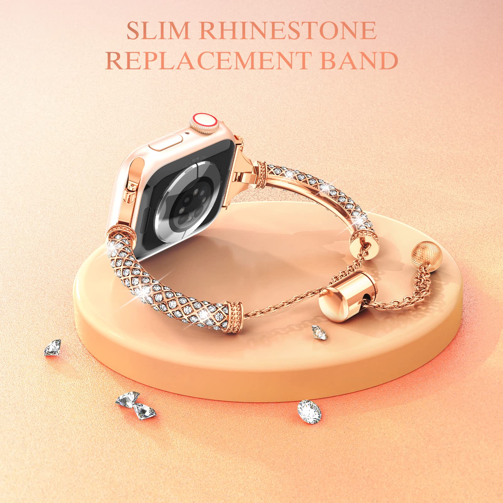 For Apple Watch Ultra 2 49mm Series 9 45mm SE (2023) 44mm Ultra 49mm 8 7 45mm 6 5 4 SE (2022) SE 44mm 3 2 1 42mm Metal Watch Strap for Women Girls Rhinestone Decorated Stretch Jewelry Wrist Band