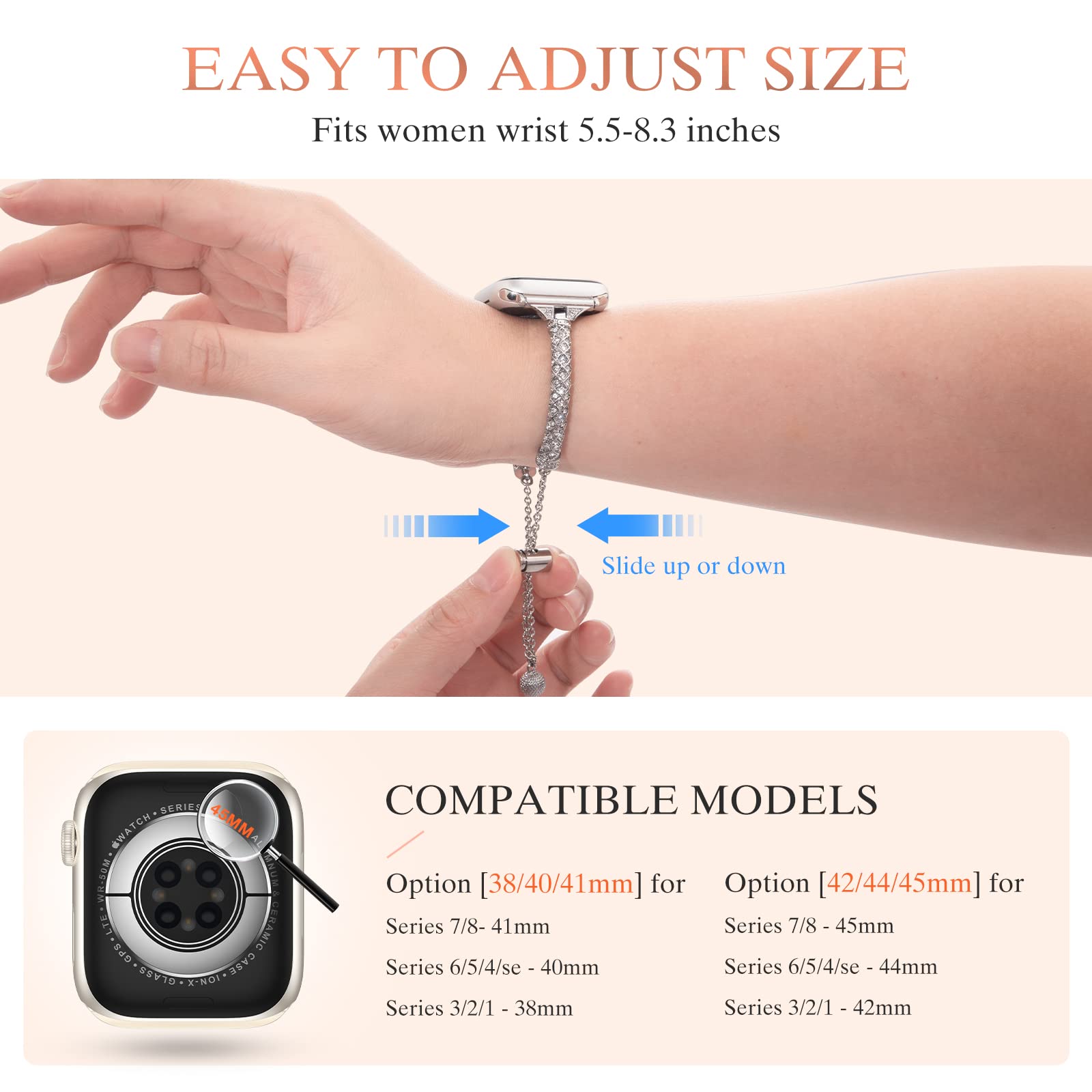 For Apple Watch Ultra 2 49mm Series 9 45mm SE (2023) 44mm Ultra 49mm 8 7 45mm 6 5 4 SE (2022) SE 44mm 3 2 1 42mm Metal Watch Strap for Women Girls Rhinestone Decorated Stretch Jewelry Wrist Band