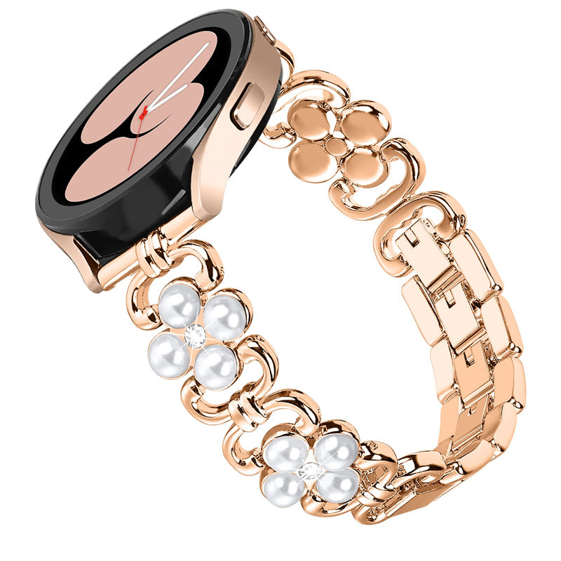For Samsung Galaxy Watch 5 Active 40mm 44mm Watch 5 Pro 45mm Galaxy Watch 42mm Metal Watch Strap 20mm Flower Shape Watch Band with Rhinestone Decoration
