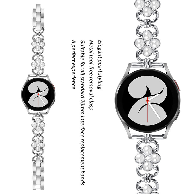 For Samsung Galaxy Watch 5 Active 40mm 44mm Watch 5 Pro 45mm Galaxy Watch 42mm Metal Watch Strap 20mm Flower Shape Watch Band with Rhinestone Decoration