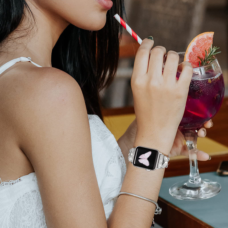 For Apple Watch Ultra 2 49mm Series 9 45mm SE (2023) 44mm Ultra 49mm 8 7 45mm 6 5 4 SE (2022) SE 44mm 3 2 1 42mm Quick Release Watch Strap Metal Watch Band Butterfly Watchband Decorated with Rhinestone
