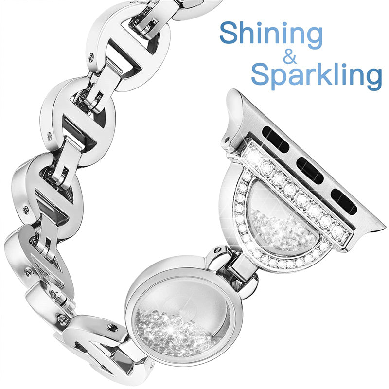 For Apple Watch Ultra 2 49mm Series 9 45mm SE (2023) 44mm Ultra 49mm 8 7 45mm 6 5 4 SE (2022) SE 44mm 3 2 1 42mm Quicksand Watch Band Rhinestones Decor Stainless Steel Bracelet