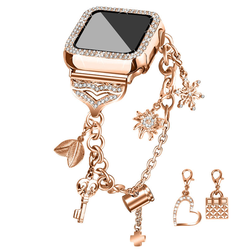 For Apple Watch Series 9 8 7 41mm Rhinestone Decor Watch Band Pendant Bracelet Replacement Metal Strap with Hollow-out PC Watch Case
