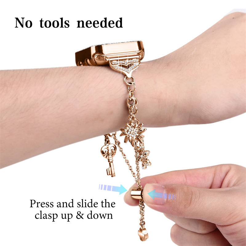 For Apple Watch Series 9 8 7 41mm Rhinestone Decor Watch Band Pendant Bracelet Replacement Metal Strap with Hollow-out PC Watch Case