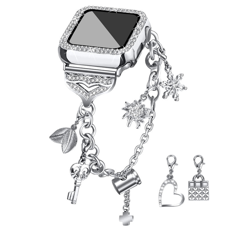 For Apple Watch Series 3 2 1 42mm Metal Watch Band Bracelet with Hollow PC Frame Rhinestone Decor Pendant Wristband Strap