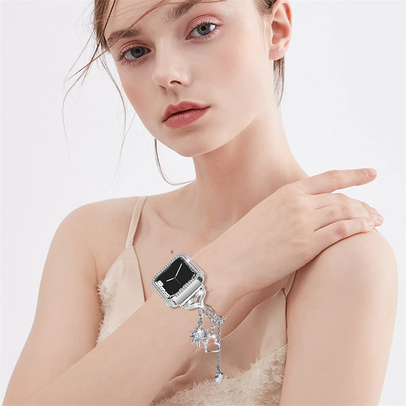For Apple Watch Series 3 2 1 38mm Metal Watch Band with Hollow Rhinestone Decor PC Protective Frame Cover Adjustable Pendant Bracelet