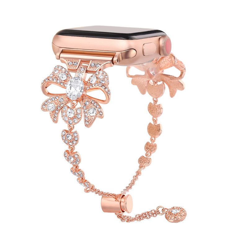 For Apple Watch Series 9 8 7 41mm 6 5 4 SE SE (2022) SE (2023) 40mm 3 2 1 38mm Rhinestones Decor Bowknot Bracelet Metal Watch Strap Adjustable Wrist Band