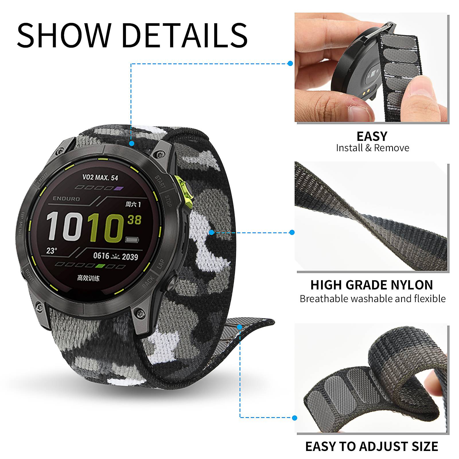 For Garmin Tactix 7 Pro Fenix 7X 6X Pro Replacement Nylon Watch Band 26mm Adjustable Magic Tape Wrist Strap