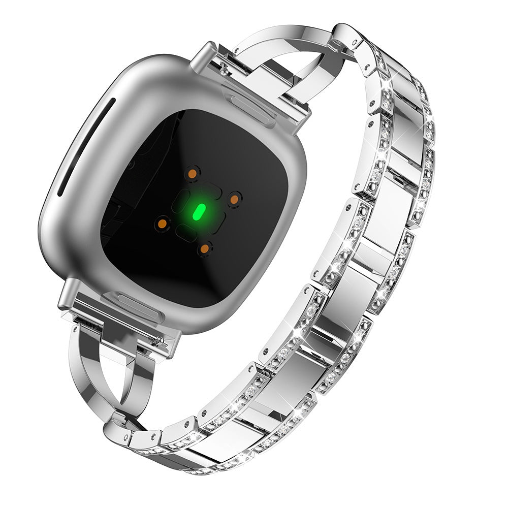 For Fitbit Versa 3 Sense Cross Design Rhinestones Decor Metal Watch Strap Stylish Replacement Wrist Band