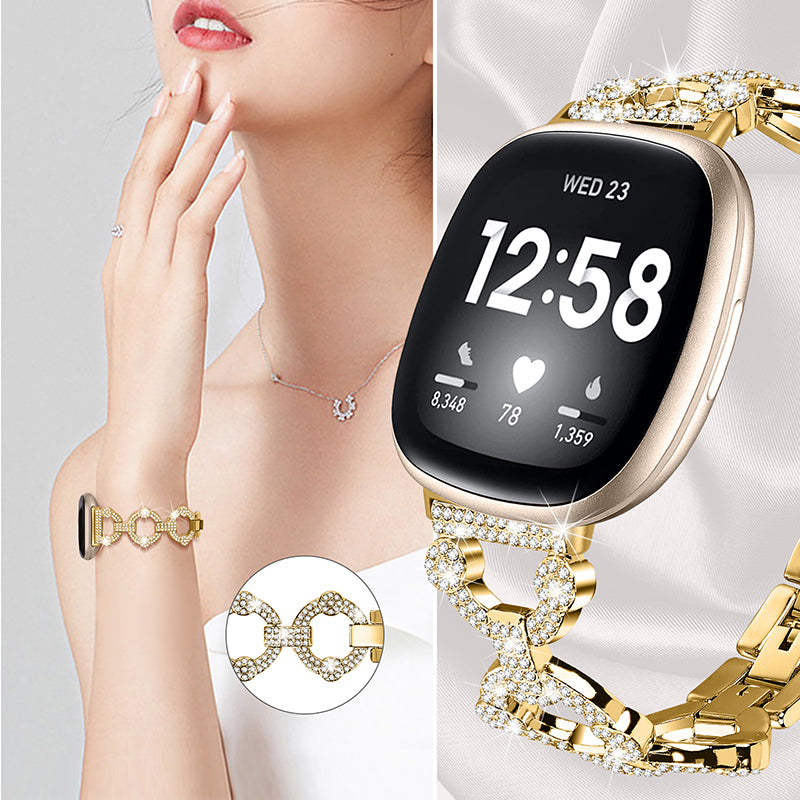 For Fitbit Versa 3 Sense Rhinestone Decor Watch Band Ring Shape Replacement Bracelet Women Dressy Jewelry Wristband Strap