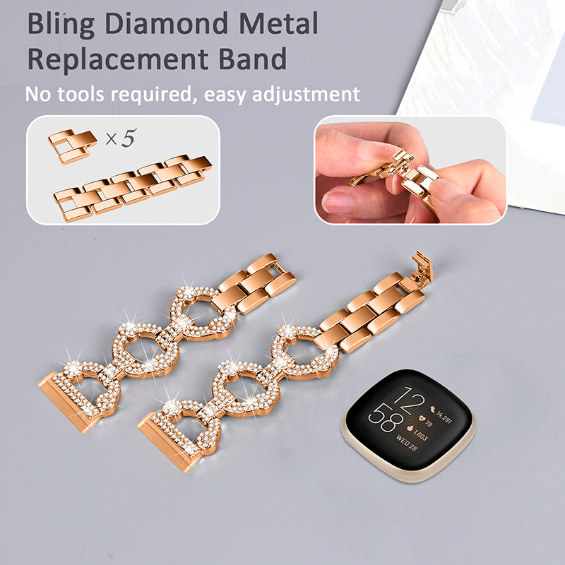 For Fitbit Versa 3 Sense Rhinestone Decor Watch Band Ring Shape Replacement Bracelet Women Dressy Jewelry Wristband Strap