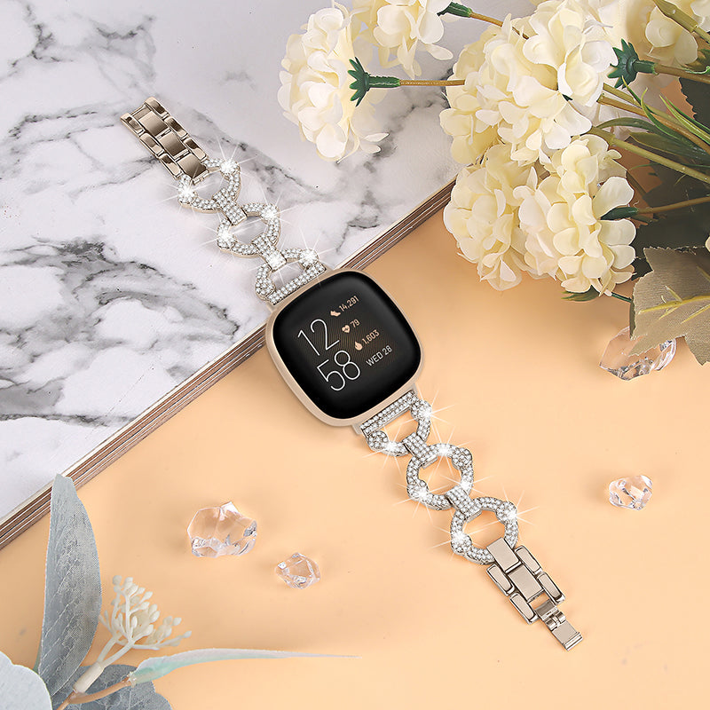 For Fitbit Versa 3 Sense Rhinestone Decor Watch Band Ring Shape Replacement Bracelet Women Dressy Jewelry Wristband Strap