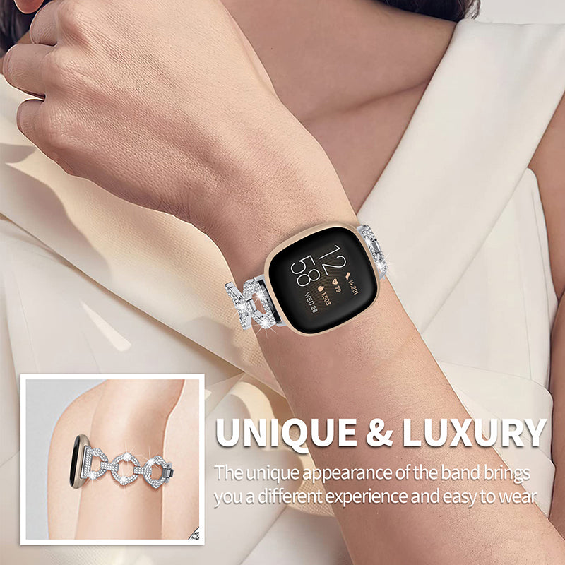 For Fitbit Versa 3 Sense Rhinestone Decor Watch Band Ring Shape Replacement Bracelet Women Dressy Jewelry Wristband Strap