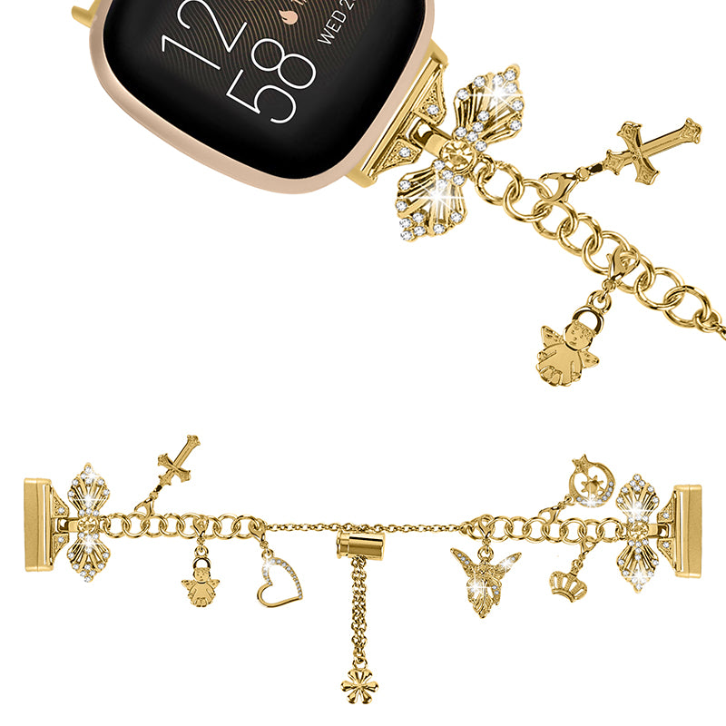 For Fitbit Versa 3 Fitbit Sense Metal Watch Band with Multiple Pendants Adjustable Wristband Bracelet
