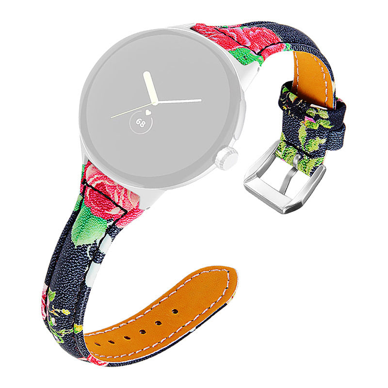 For Google Pixel Watch 2 Pixel Watch Genuine Leather Watch Band Flower Pattern Wrist Strap with Silver Connector