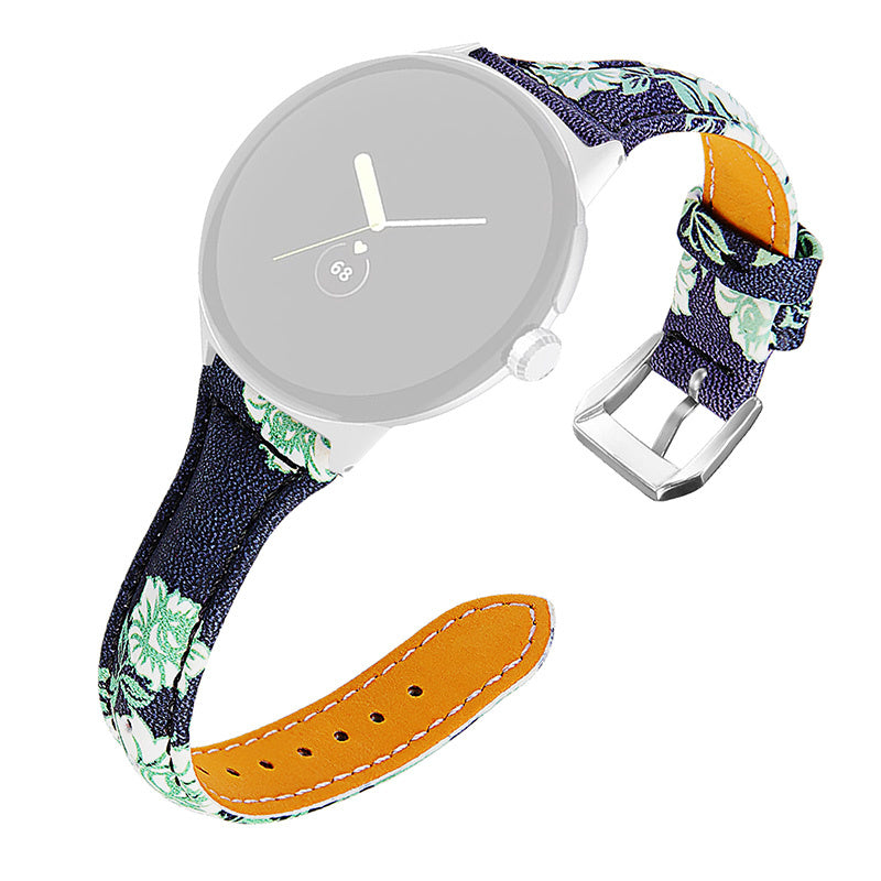 For Google Pixel Watch 2 Pixel Watch Genuine Leather Watch Band Flower Pattern Wrist Strap with Silver Connector