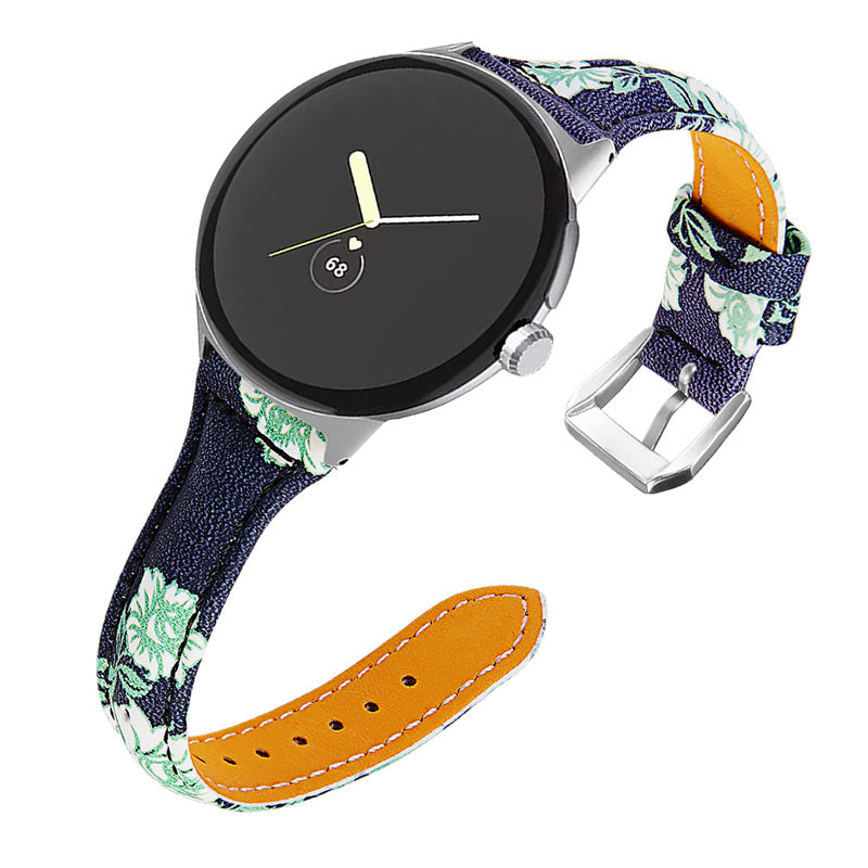 For Google Pixel Watch 2 Pixel Watch Genuine Leather Watch Band Flower Pattern Wrist Strap with Silver Connector