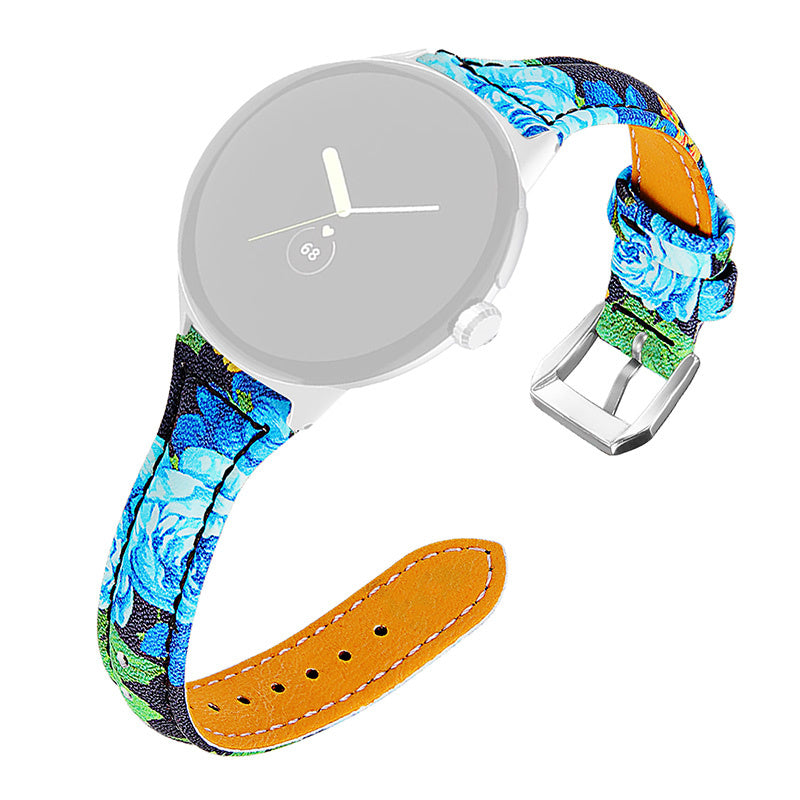 For Google Pixel Watch 2 Pixel Watch Genuine Leather Watch Band Flower Pattern Wrist Strap with Silver Connector