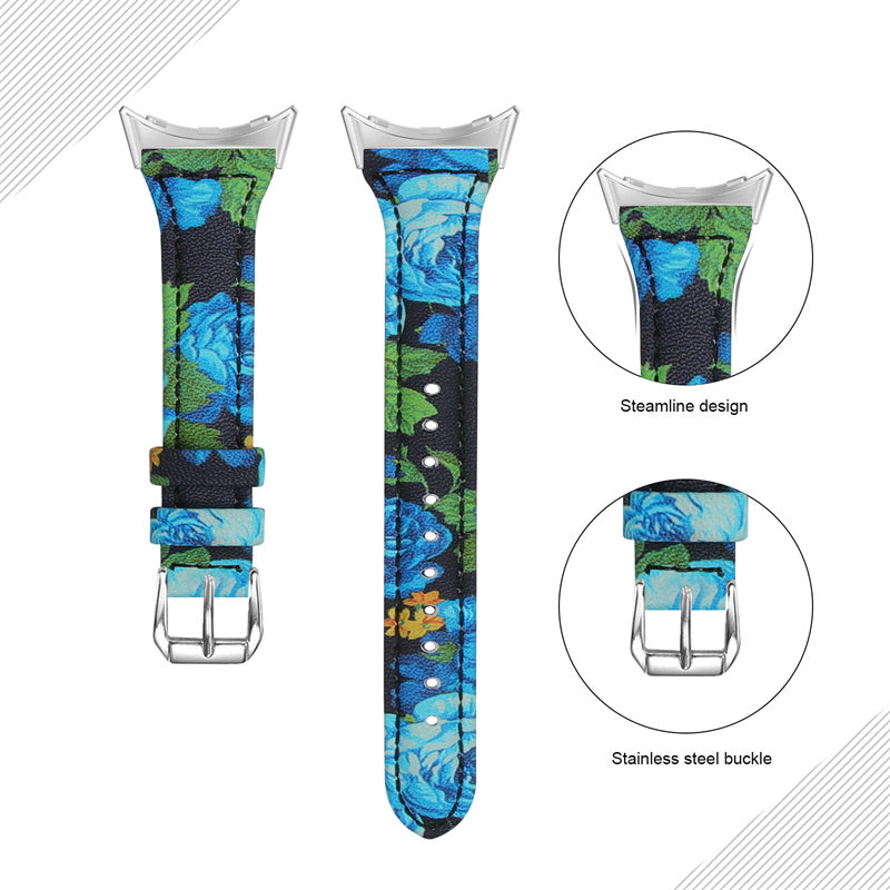 For Google Pixel Watch 2 Pixel Watch Genuine Leather Watch Band Flower Pattern Wrist Strap with Silver Connector