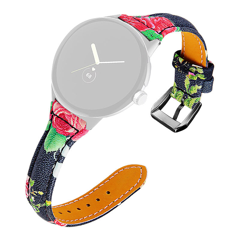 For Google Pixel Watch 2 Pixel Watch Flower Pattern Genuine Leather Watch Band Replacement Strap with Black Connector