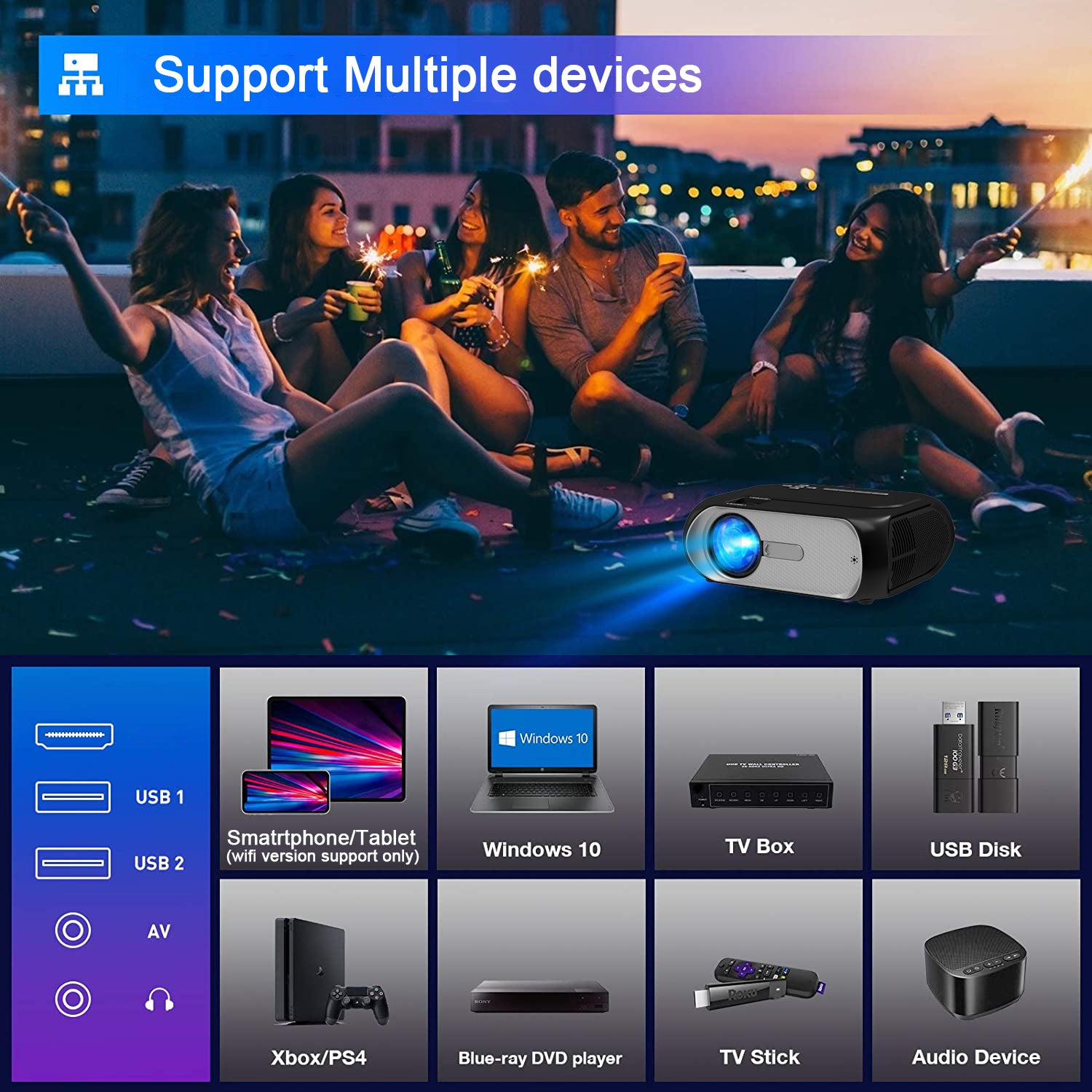 T7 Full HD 1080P LED Projector Home Cinema Theater Beamer Support HD Video USB VGA AV Input (Multimedia Version)