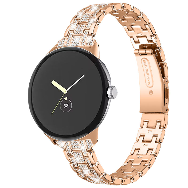For Google Pixel Watch 2 Pixel Watch Rhinestones Decor Replacement Strap 5 Beads Metal Dual Press Buckle Smart Watch Wristband