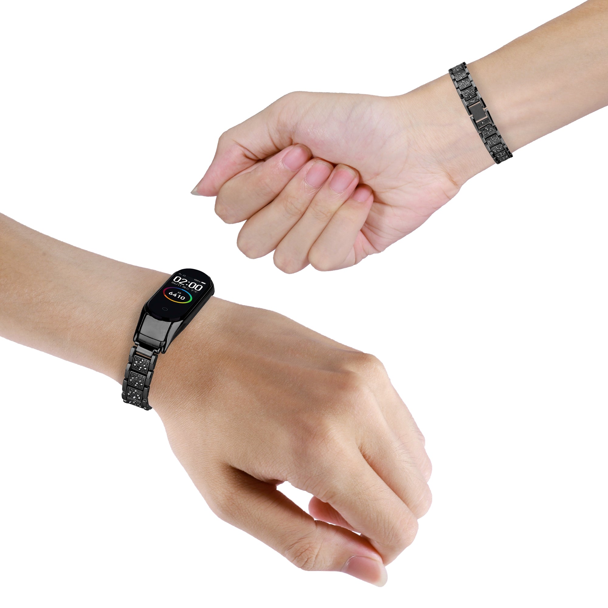 For Xiaomi Mi Band 5 6 Rhinestone Decor Smart Watch Band Three Bead Metal Wrist Strap