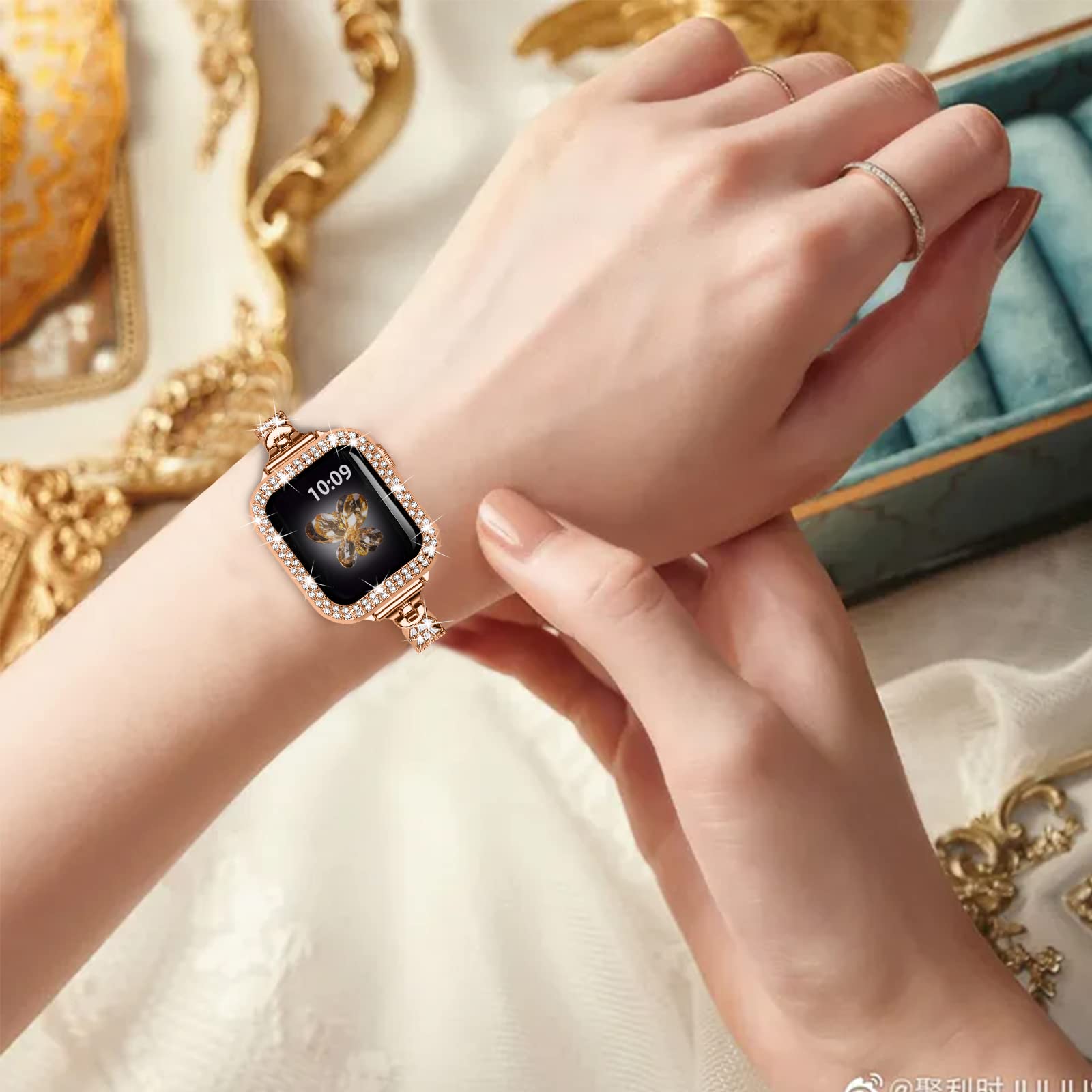 For Apple Watch Ultra Ultra 2 49mm Series 9 8 7 45mm 6 5 4 SE SE (2022) (2023) 44mm 3 2 1 42mm Rhinestone Decor Crown Metal Strap Adjustable Bracelet Watch Band