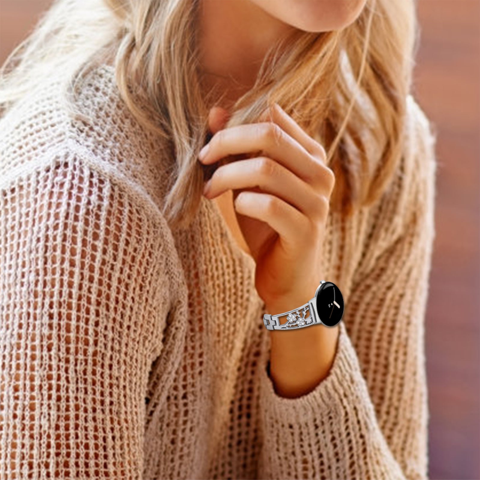 For Google Pixel Watch 2/Pixel Watch Rhinestone Decor Plum Design Wrist Strap 304 Stainless Steel Detachable Watch Band Bracelet - Silver