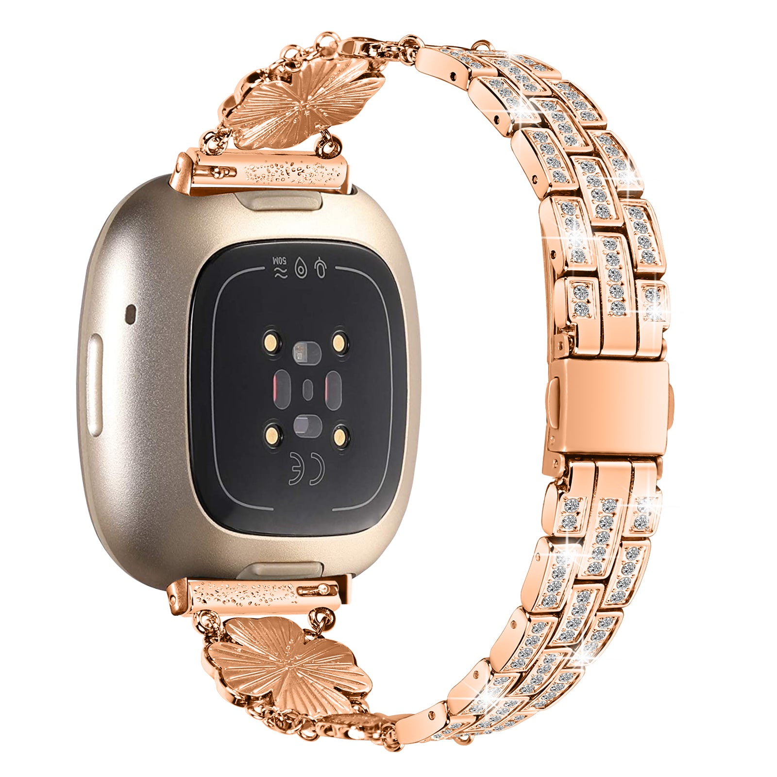For Fitbit Versa 4 Sense 2 Watch Strap Rhinestone Decor Replacement Steel Wrist Band