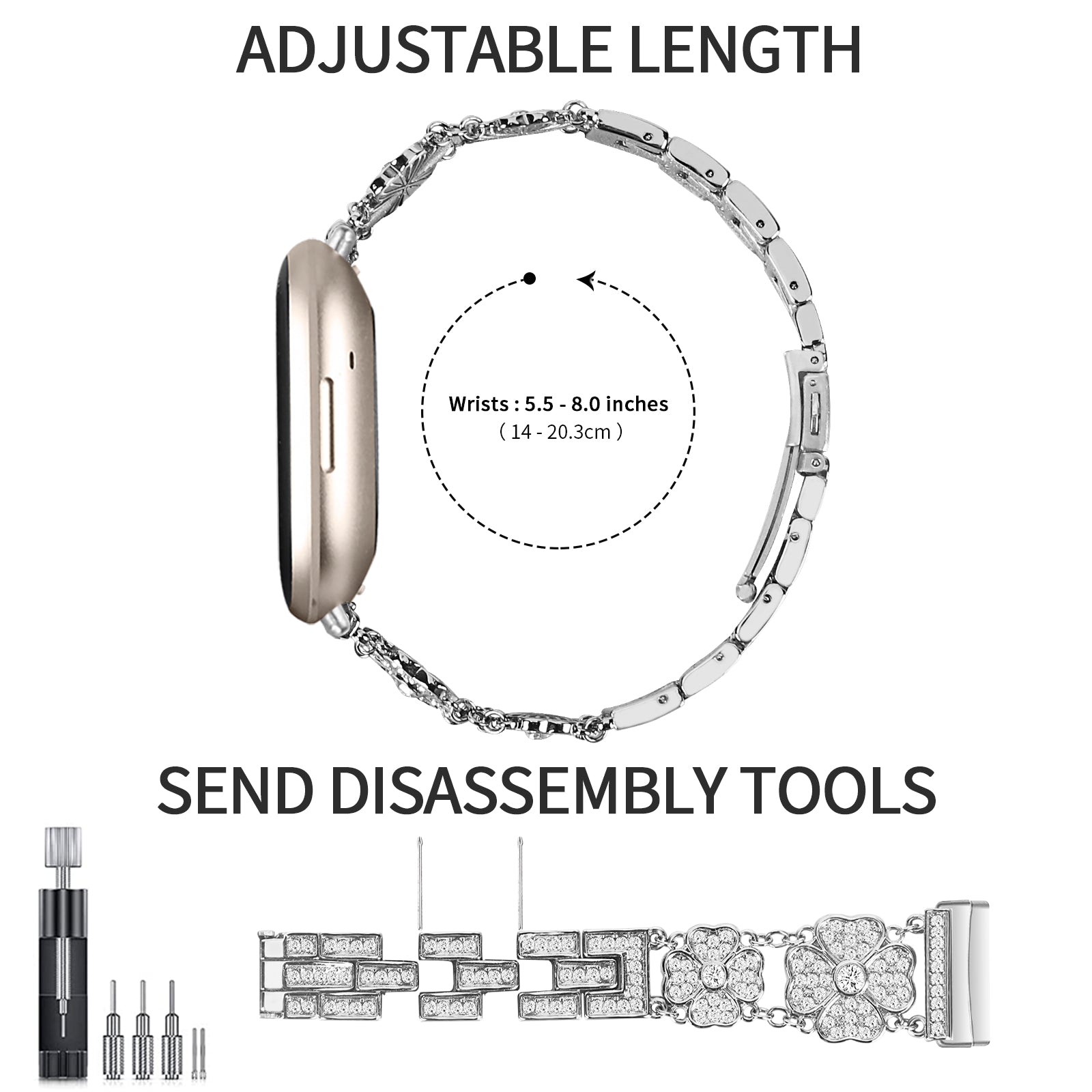 For Fitbit Versa 4 Sense 2 Watch Strap Rhinestone Decor Replacement Steel Wrist Band