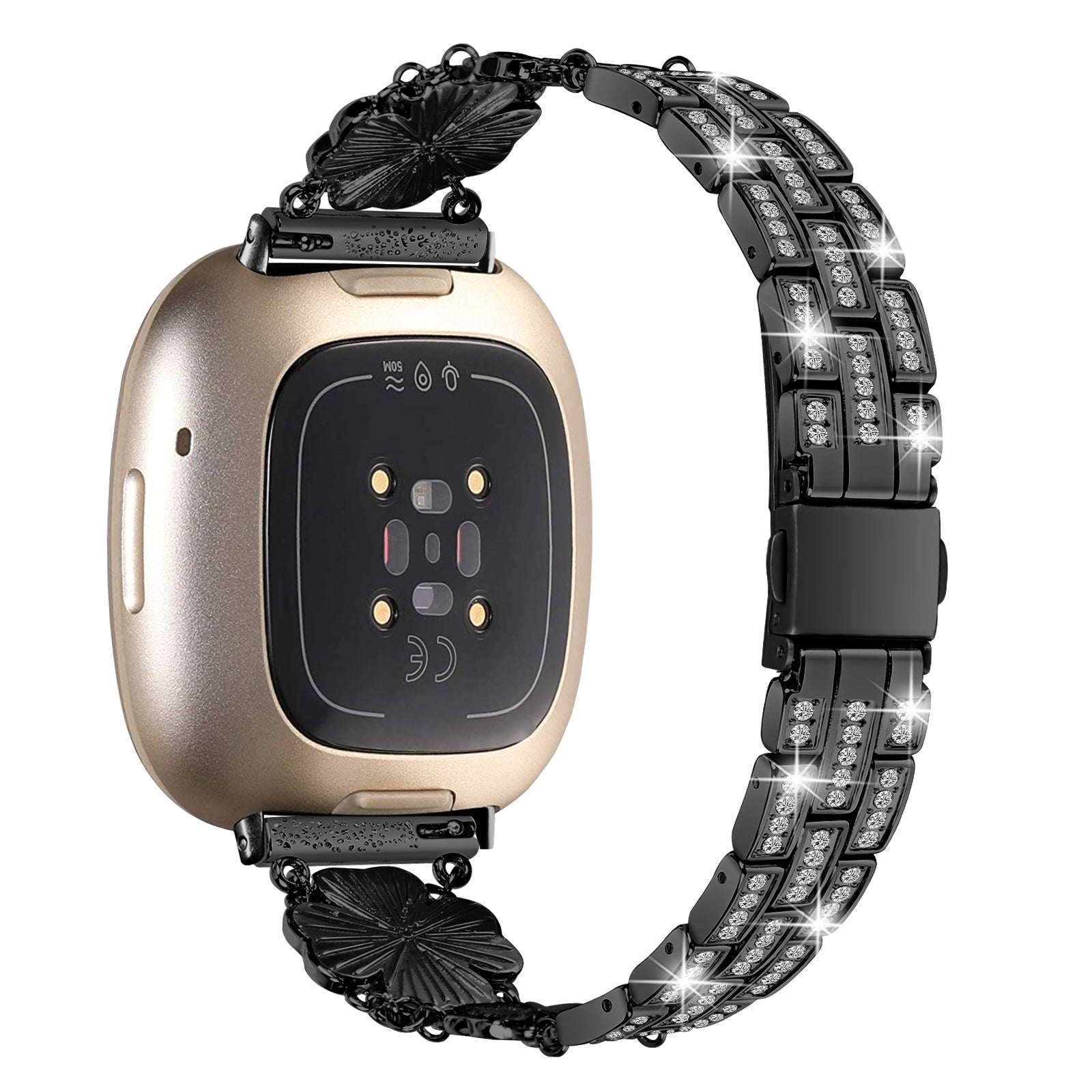 Watch Strap for Fitbit Sense Versa 3 Rhinestone Decor Replacement Steel Wrist Band