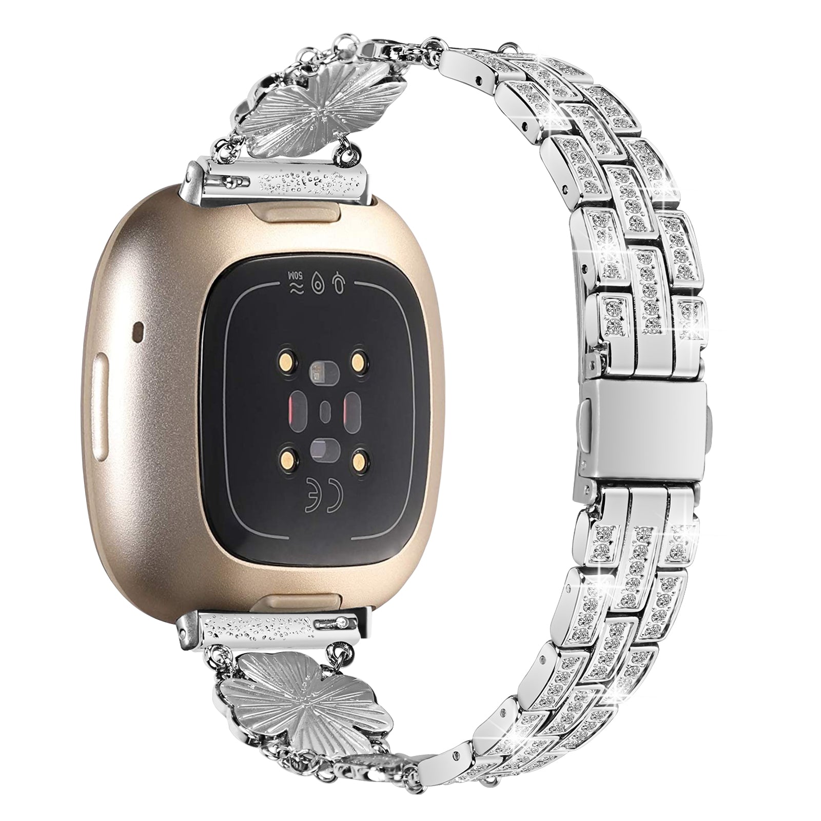 Watch Strap for Fitbit Sense Versa 3 Rhinestone Decor Replacement Steel Wrist Band
