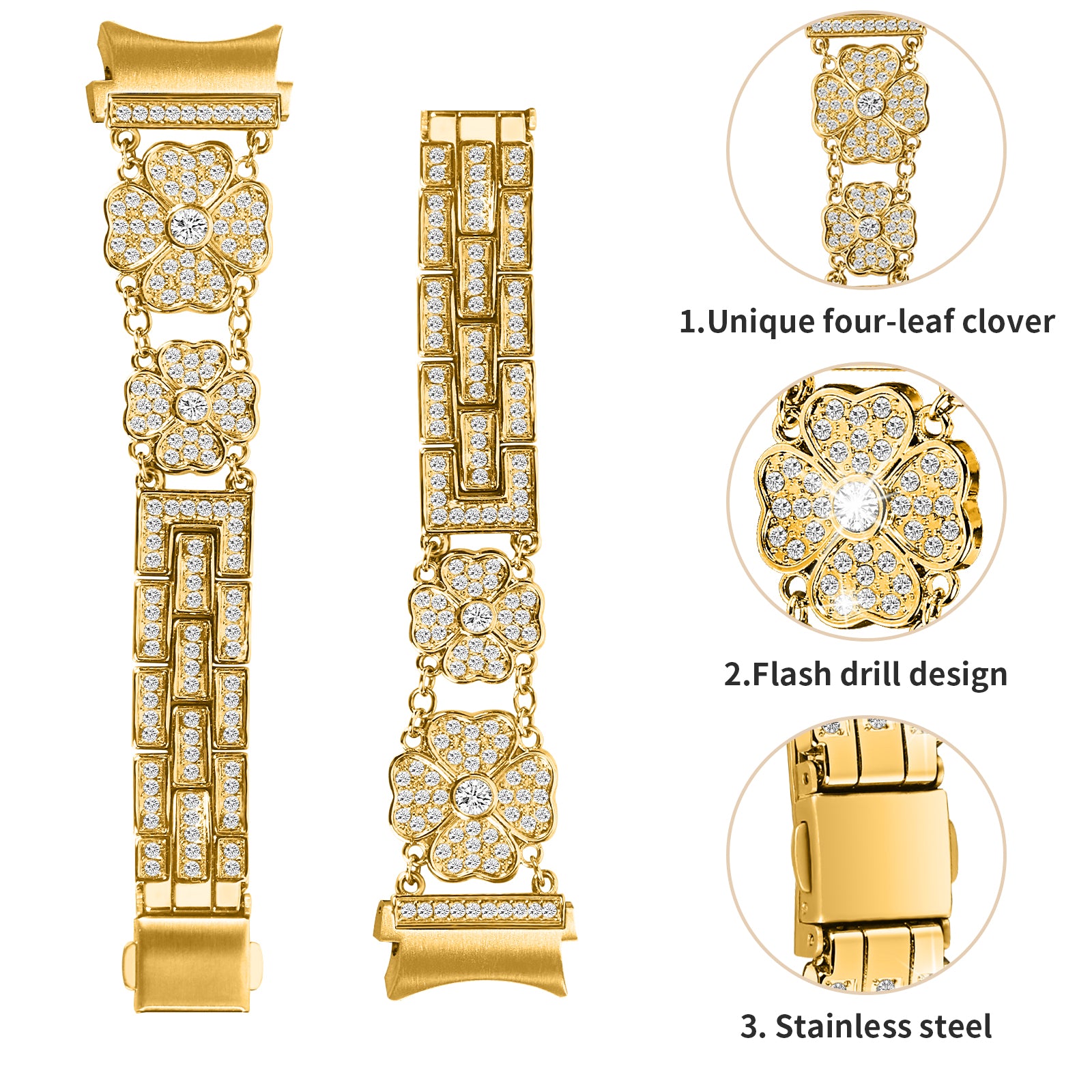 For Samsung Galaxy atch6 40mm 44mm Watch6 Classic 43mm 47mm Watch 5 40mm 44mm 5 Pro 45mm Watch4 40mm 44mm Watch Band Rhinestone Clover Metal Strap with Connector