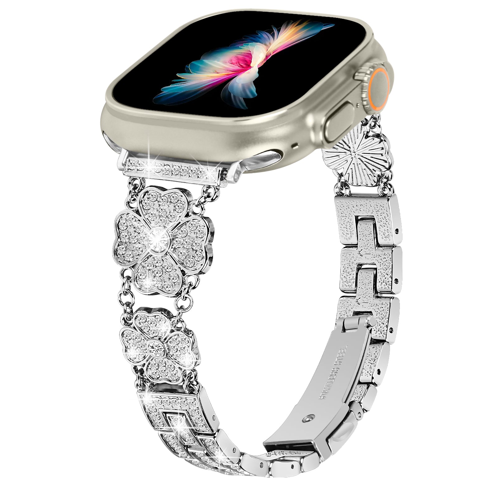 For Apple Watch Ultra Ultra 2 49mm Series 9 8 7 45mm 6 5 4 SE SE (2022) (2023) 44mm 3 2 1 42mm Watch Band Rhinestone Clover Watch Metal Strap