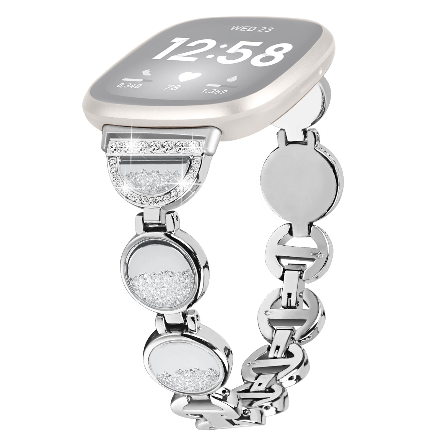For Fitbit Versa 4 Sense 2 Quicksand Watch Strap Rhinestone Decorated Metal Watch Band